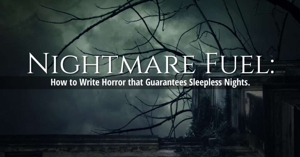 Promotional image for AutoCrit’s “Nightmare Fuel: How to Write Horror that Guarantees Sleepless Nights” course. The design features a dark, eerie sky with twisted, bare tree branches over a shadowy, abandoned building, creating a chilling atmosphere. Click here to learn more.
