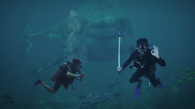 An image of a large shark, representing a predatory publisher. sneaking up on unaware divers.
