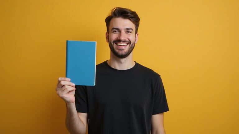 A smiling author showing off a book because they've just landed a book deal