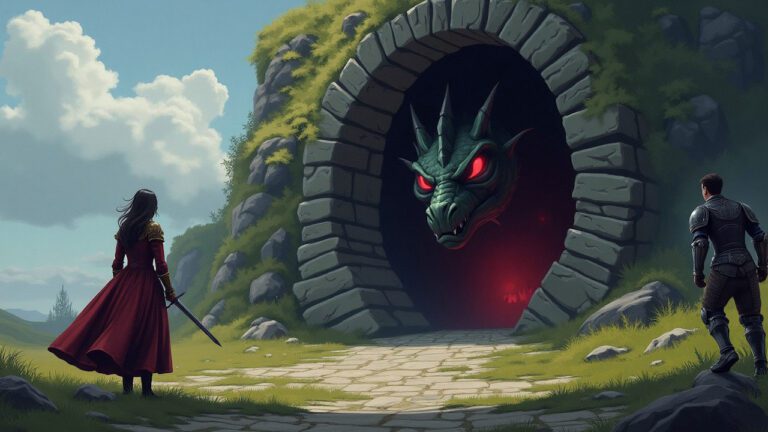 An image depicting a princess with a sword preparing to fight a dragon while a knight watches on, indicative of a reverse trope in fiction.