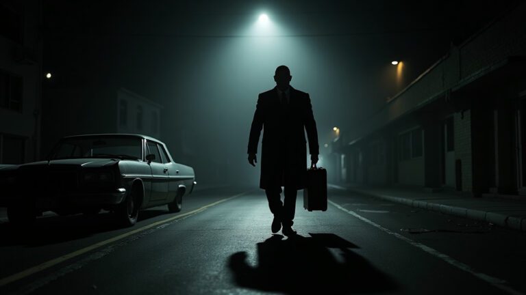 Thriller tropes: An imagine depicting a mysterious "film noir" scene. A man carries a briefcase on a darkened street.