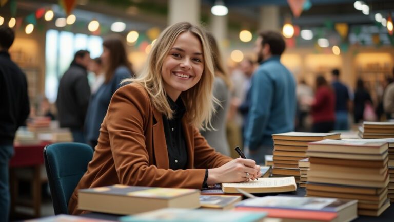 Book marketing: A happy author smiling as they sign books at a book fair.