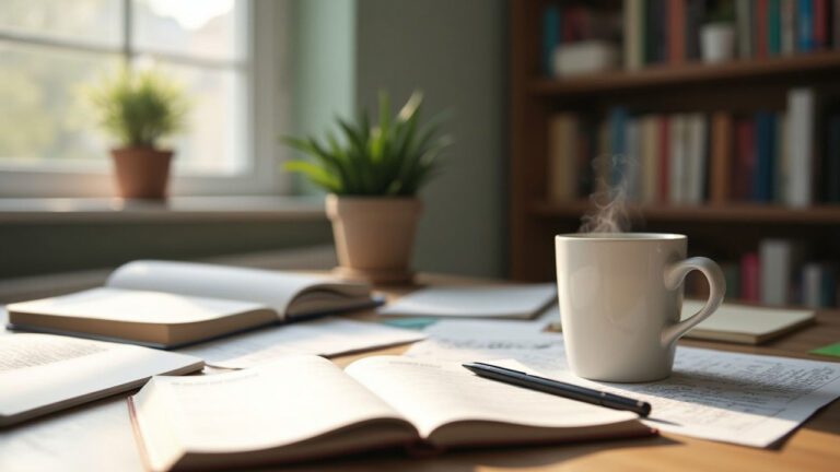 An image of a writer's desk on a sunny afternoon, strewn with scribbled-on paper and a notepad with a pen.