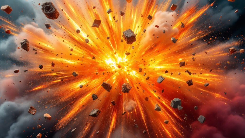 An explosion, representing the effects of the inciting incident in a story.