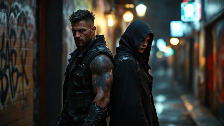 Two morally grey characters staring enigmatically at the viewer.