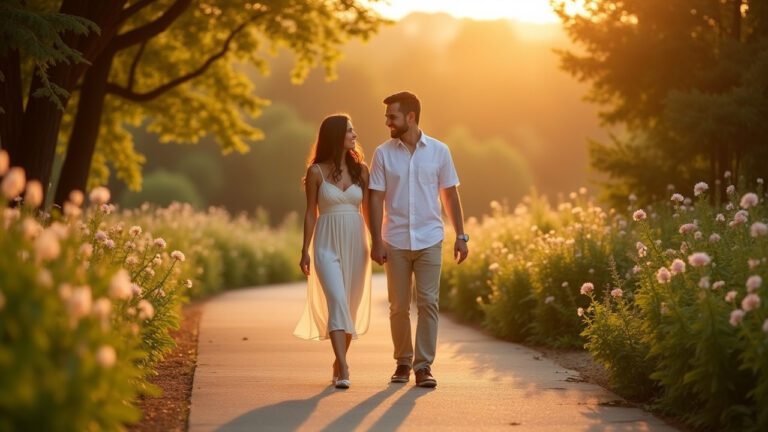 A couple walking along a beautiful path, representing pacing in sweet romance stories