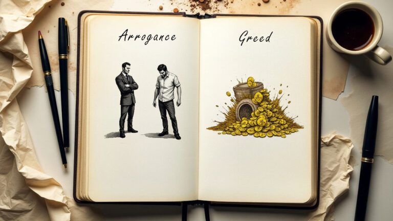 An illustration of character flaws drawn on a notebook, representing arrogance and greed.