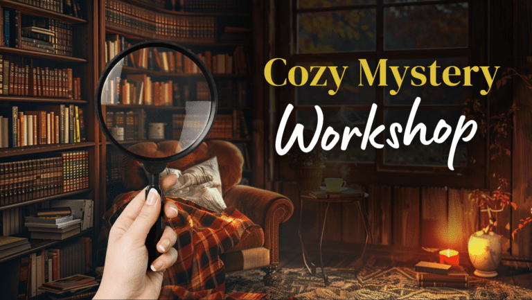 Cozy mystery workshop thumbnail, this links to the cozy mystery workshop landing page.