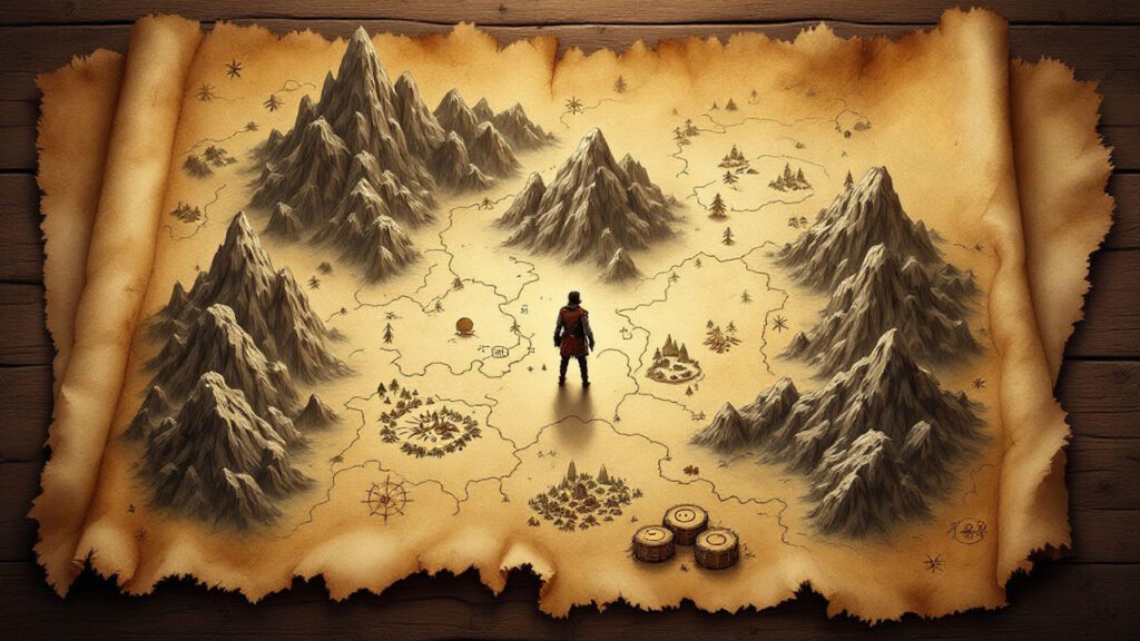 An adventure map spread on a wooden table, representing the hero's journey steps.