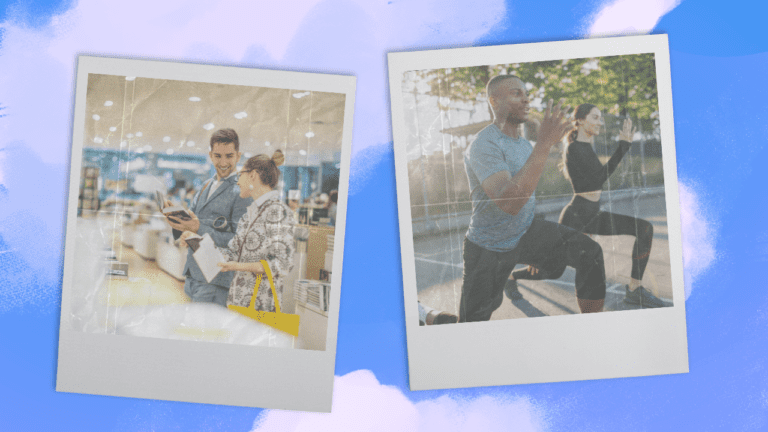 Couple in a bookstore and couple at exercise class to illustrate writing a meet cute