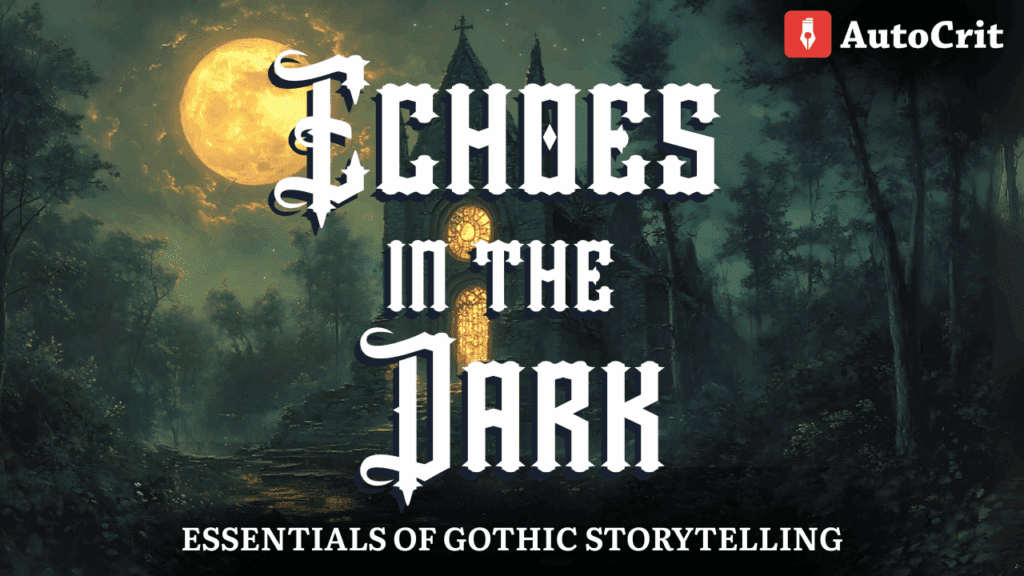 Promotional image for AutoCrit’s “Echoes in the Dark: Essentials of Gothic Storytelling” 4-week course. The design features a gothic forest at night with a glowing full moon above dark trees, creating a haunting and atmospheric mood.