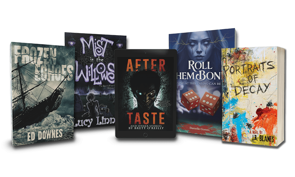 A row of books, all published by previous students of Nightmare Fuel, including Frozen Echoes, Mist in the Willows, After Taste & Other Stories, Roll Them Bones, and Portraits of Decay.