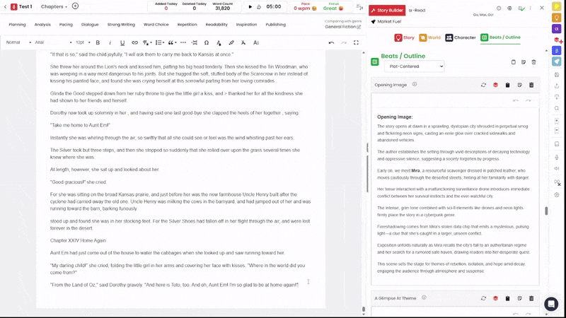Animation showing the AutoCrit Story Builder being used side by side with manuscript editor.