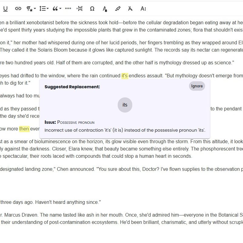 AutoCrit Grammar Checker screenshot - possessive pronoun